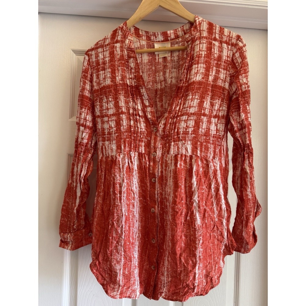 Maeve Button Down Tunic Women Size 2 Red White Abstract Grid Roll Tab Sleeve